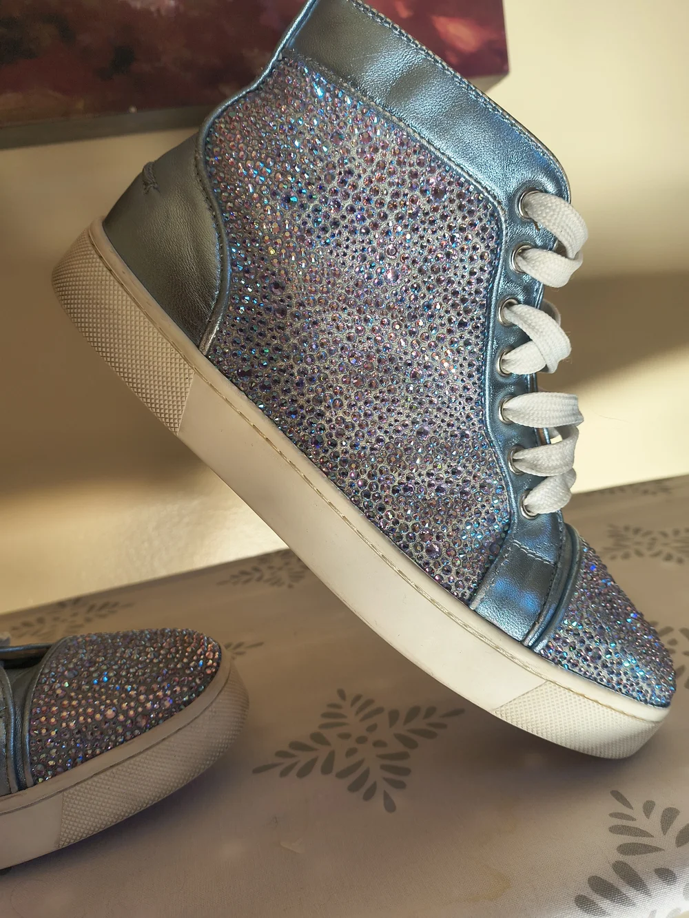 Christian Louboutin Metallic Blue Crystal High-Top Sneakers - Picture 3 of 11